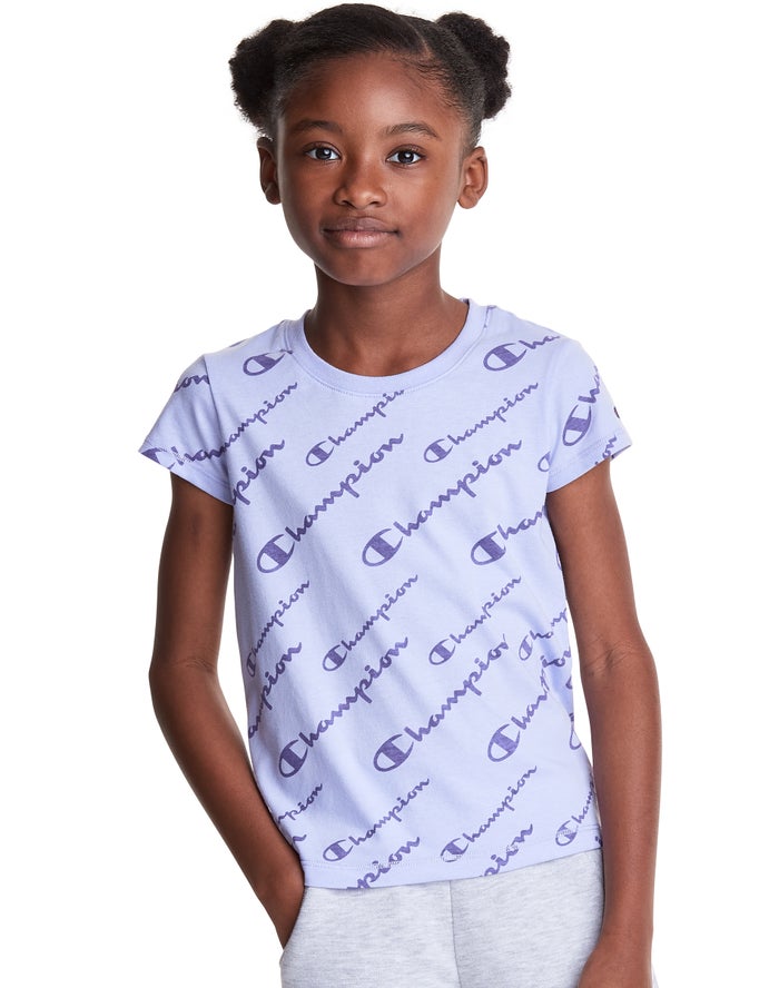 Champion Girls T-Shirt NZ - Classic All Over Logo Light Purple ( 8205-XRGJZ )